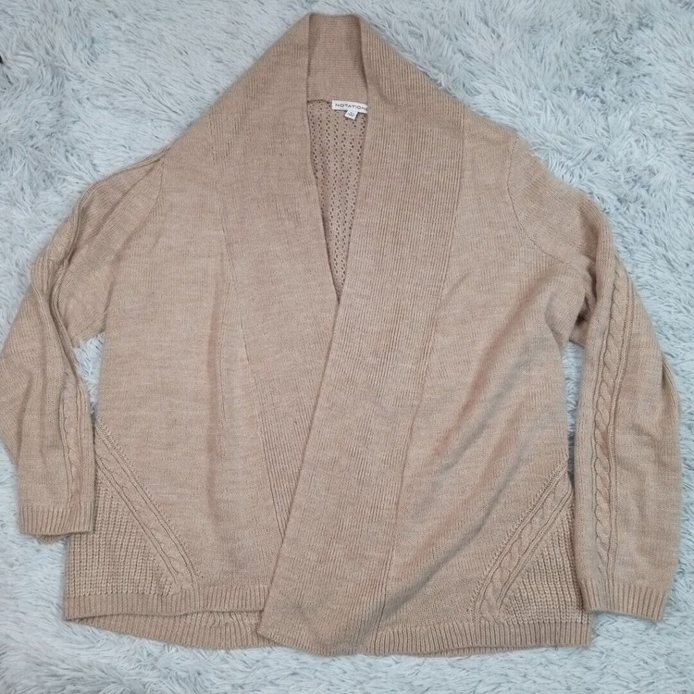 Notations Womens Cardigan Sweater Biege‎ XL Crochet Knit Open Front Long Sleeve
